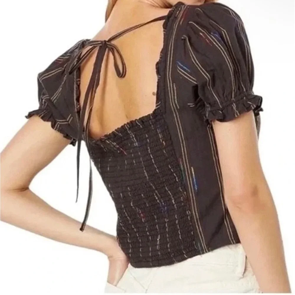 Free People Women's Seratonin XS Brown Striped Smocked Back Puff Sleeve Top‎ NWT